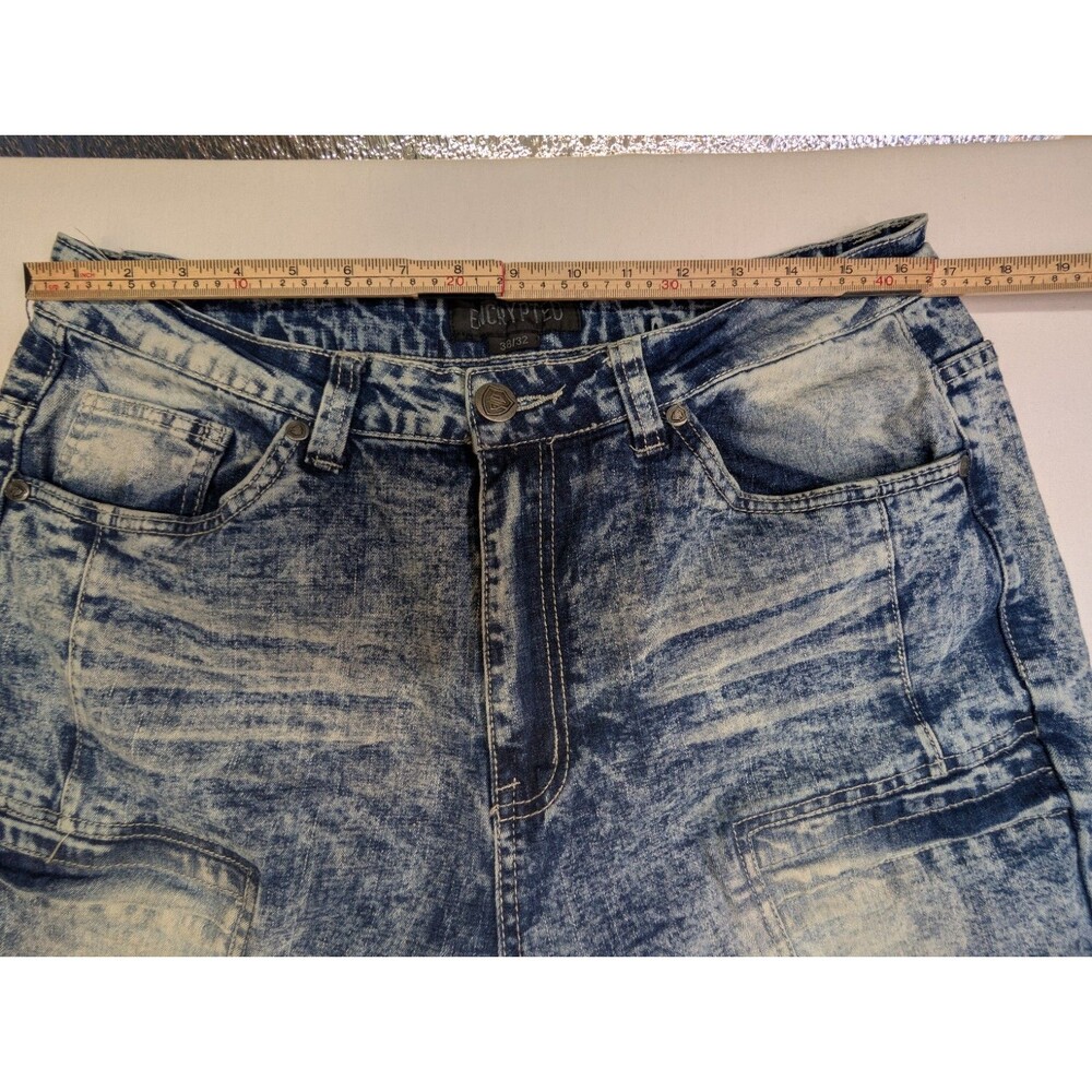 Encrypted NYC Mens Moto Biker Jeans 38x32 Blue Acid Wash Distressed Stretch - Picture 4 of 11